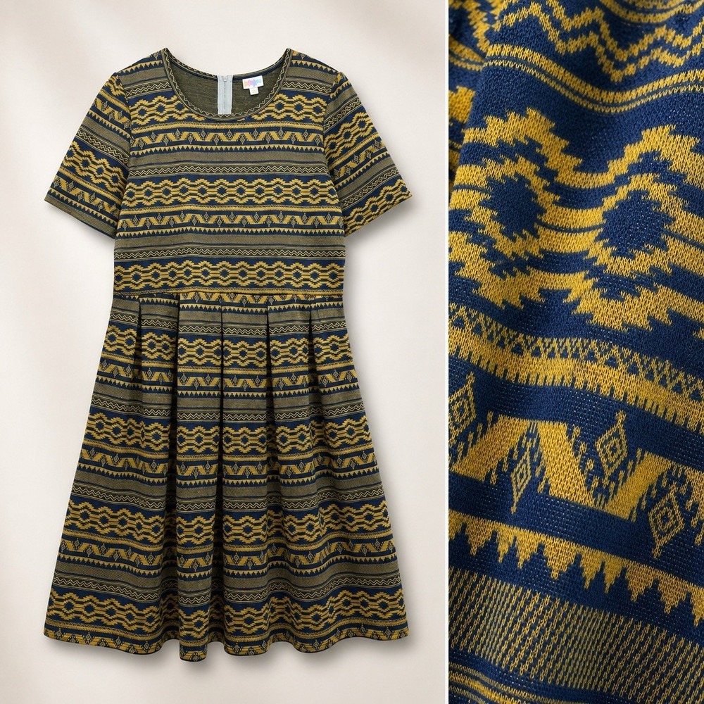 NWT LuLaRoe Amelia Dress 3XL Blue Gold Aztec Geometric Fit Flare Pleated Office